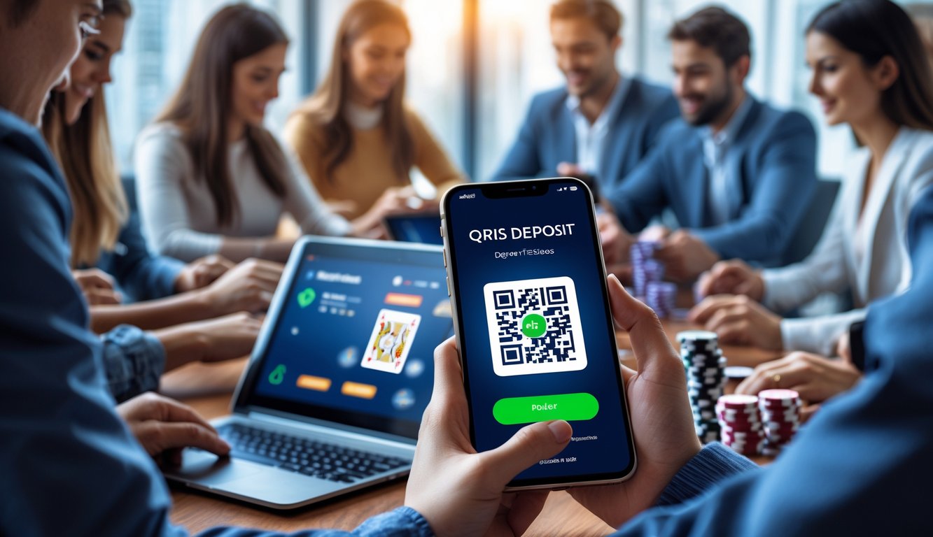 Orang-orang bermain poker online dengan perangkat digital dan seseorang memegang ponsel yang menampilkan kode QR untuk pembayaran.