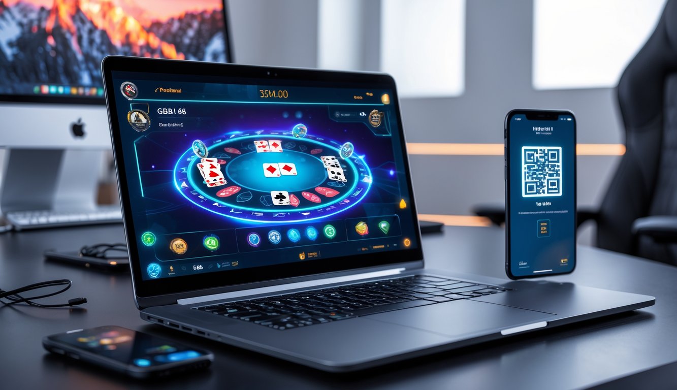 Seorang pemain poker online menggunakan laptop dan smartphone dengan kode QR di layar dalam ruangan yang terang dan modern.
