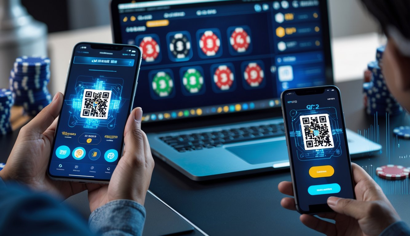 Seseorang memegang ponsel dengan kode QR di layar di depan komputer yang menampilkan permainan poker online.