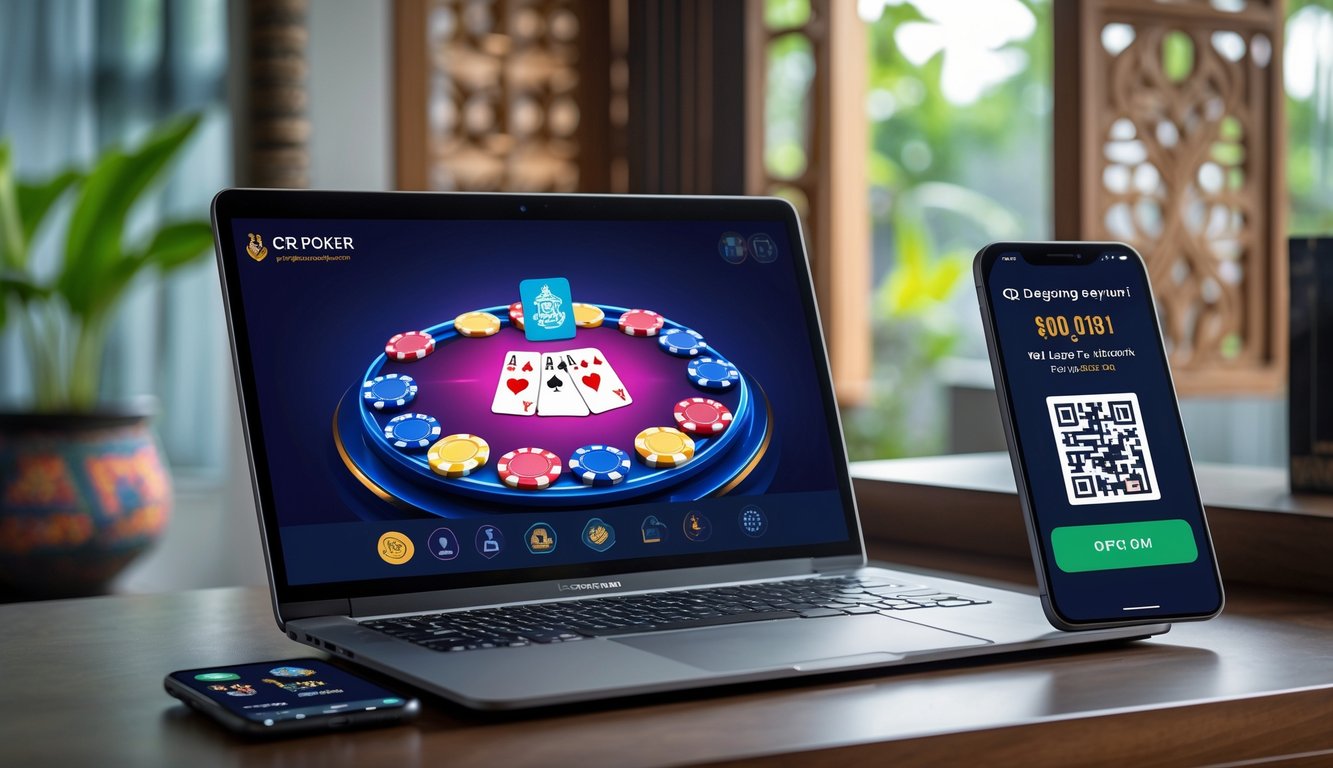 Seorang pemain poker online menggunakan laptop dan smartphone dengan kode QR untuk deposit di ruang santai yang nyaman.