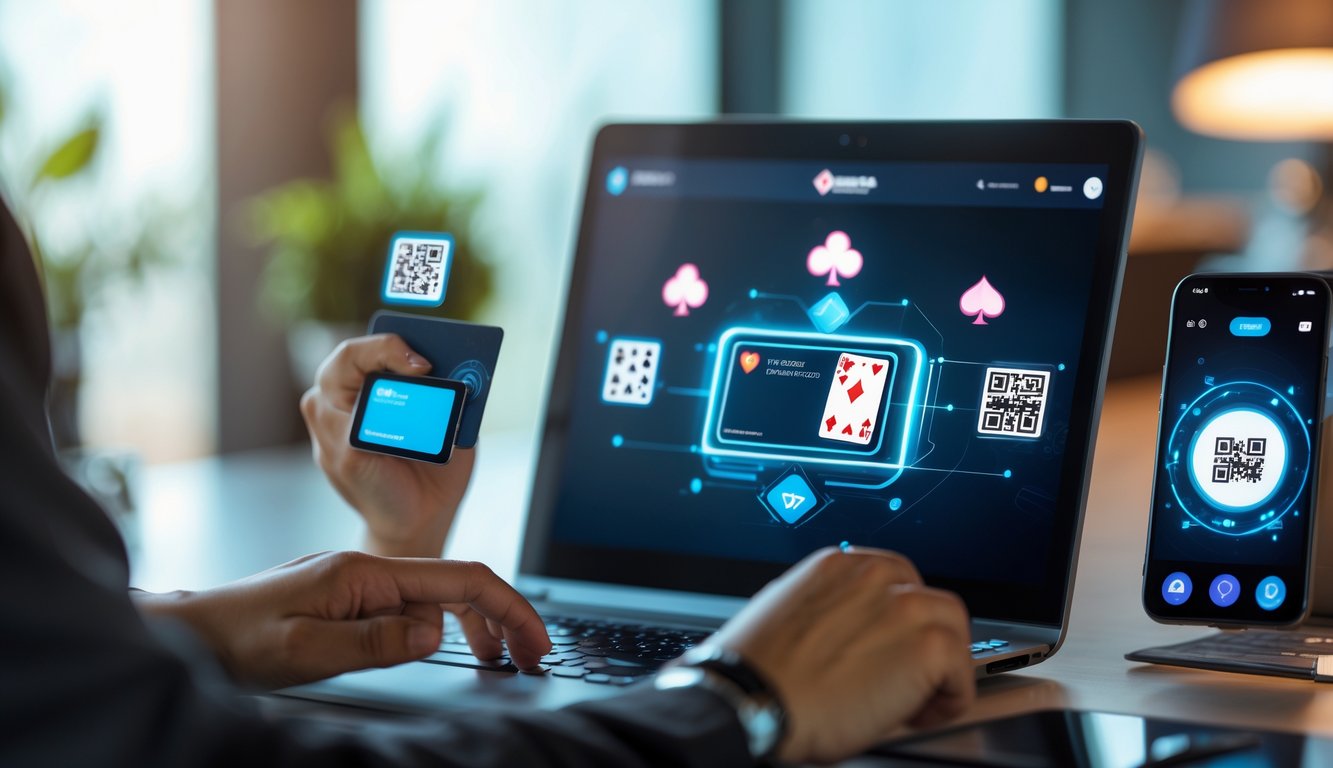 Seseorang bermain poker online di komputer dengan smartphone menampilkan kode QR untuk pembayaran digital.