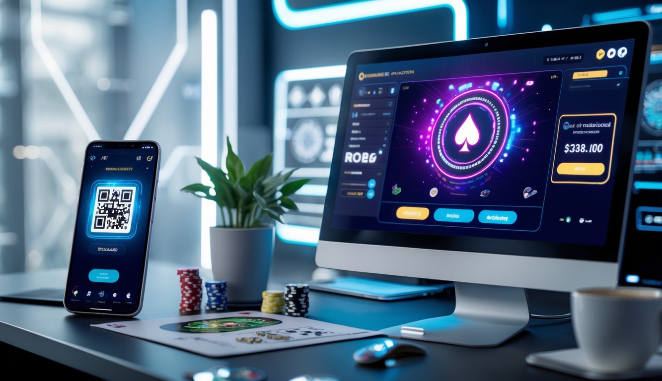 Seorang pemain poker online menggunakan komputer dan ponsel dengan kode QR untuk melakukan deposit di meja kerja yang rapi dan modern.