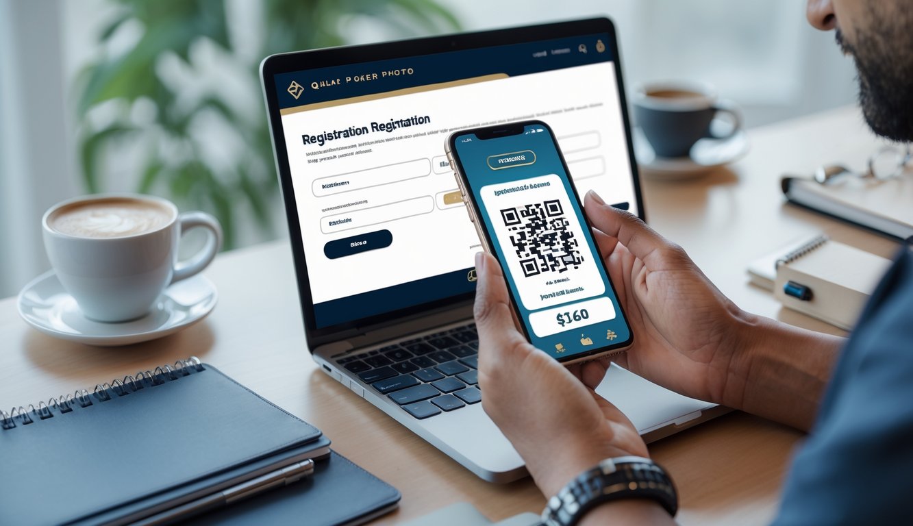 Seseorang menggunakan laptop dan ponsel untuk registrasi dan verifikasi situs poker online dengan kode QR di meja kerja.