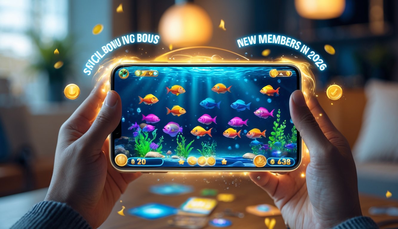 Seseorang memegang ponsel yang menampilkan permainan menembak ikan dengan grafis warna-warni dan suasana yang menyenangkan.