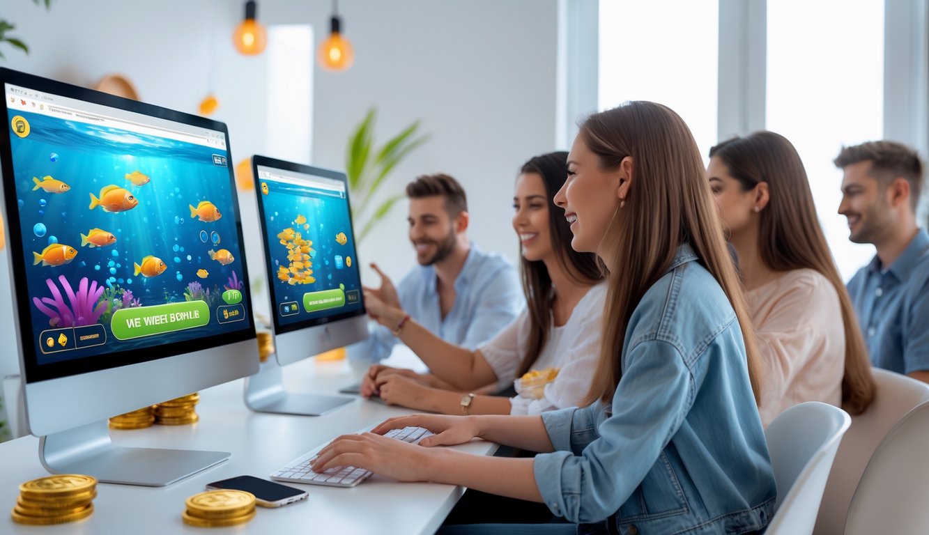 Beberapa orang muda sedang menggunakan komputer dan ponsel untuk bermain permainan tembak ikan dengan latar belakang bertema bawah laut.