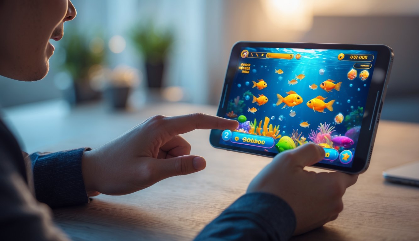 Tangan seseorang sedang menggunakan ponsel dengan permainan tembak ikan online yang berwarna-warni di layar.