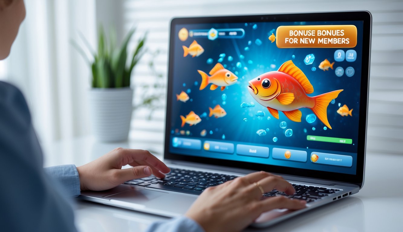 Tangan seseorang sedang menggunakan komputer dengan layar menampilkan permainan judi tembak ikan online yang penuh warna.