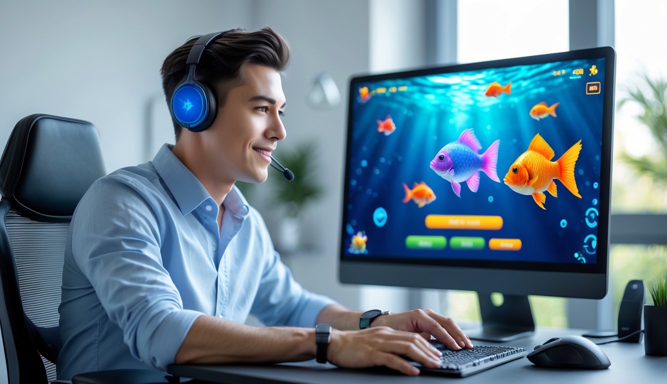 Seorang pria muda duduk di meja dengan komputer yang menampilkan permainan tembak ikan online, di dalam ruangan kantor rumah yang modern.
