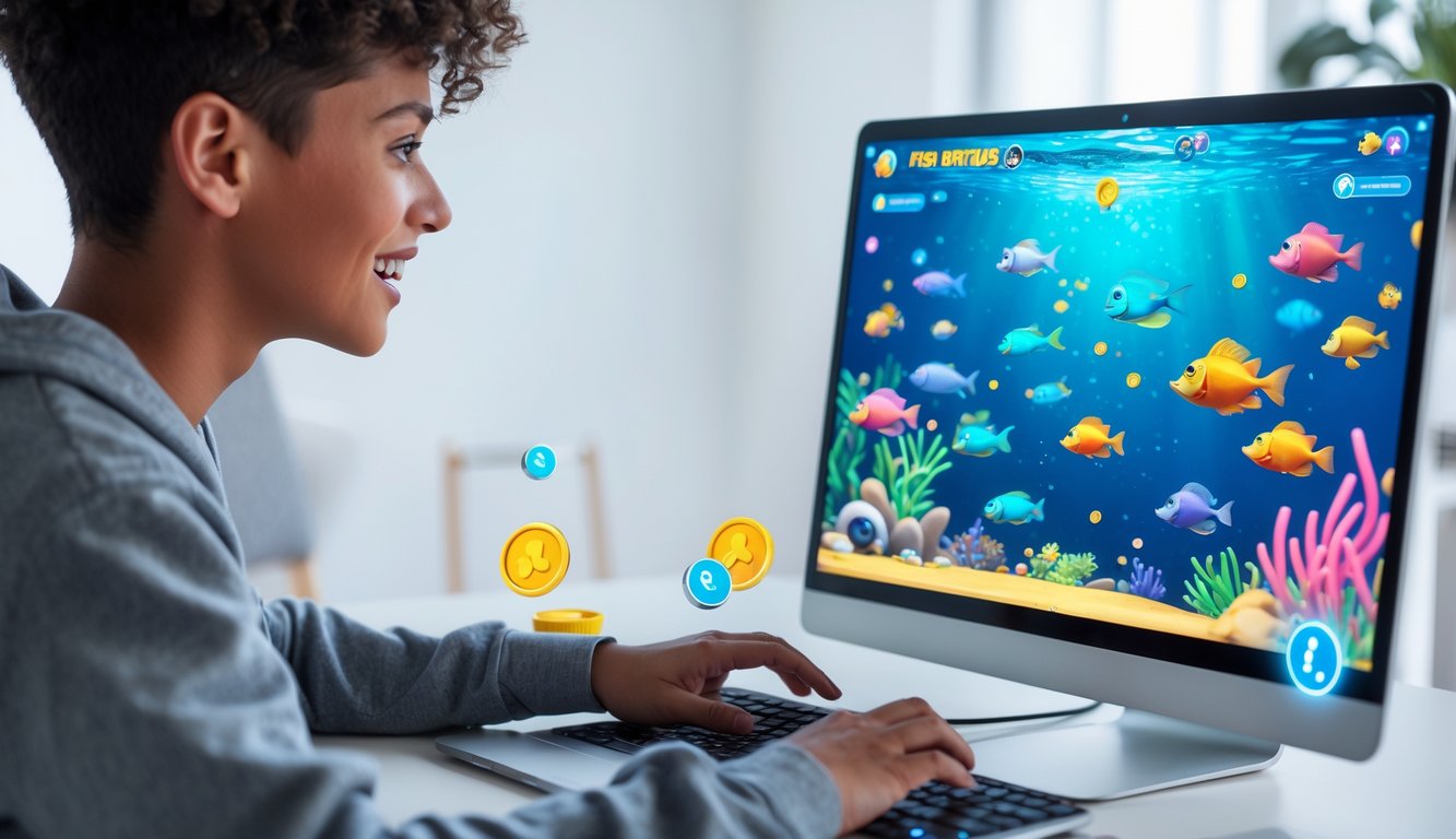 Seorang pemain muda sedang bermain game tembak ikan di komputer dengan latar bawah laut berwarna-warni dan ikon bonus di layar.