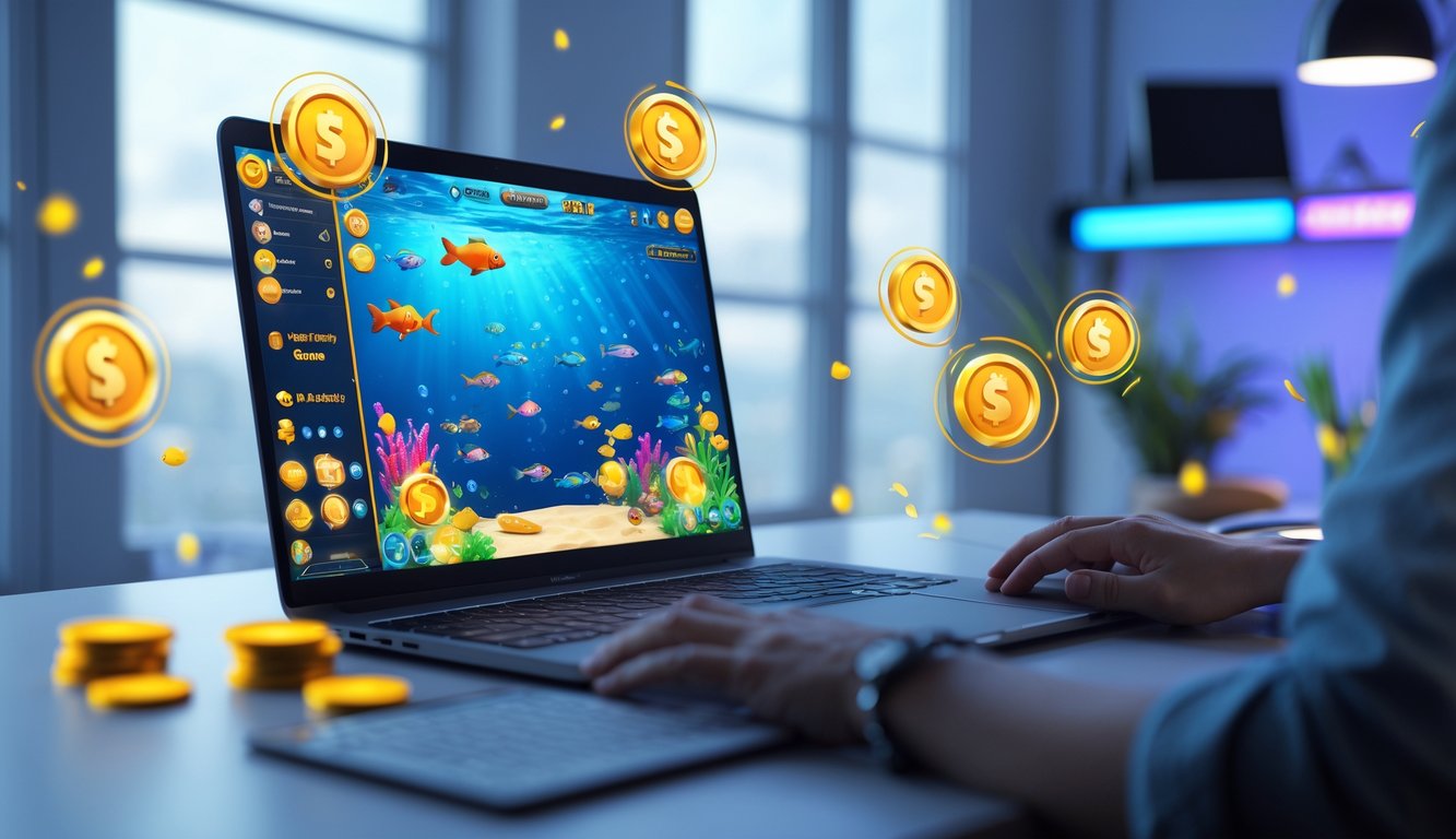 Seorang pemain menggunakan komputer dengan layar menampilkan permainan menembak ikan berwarna-warni, dikelilingi ikon bonus dan koin di meja kerja yang rapi.