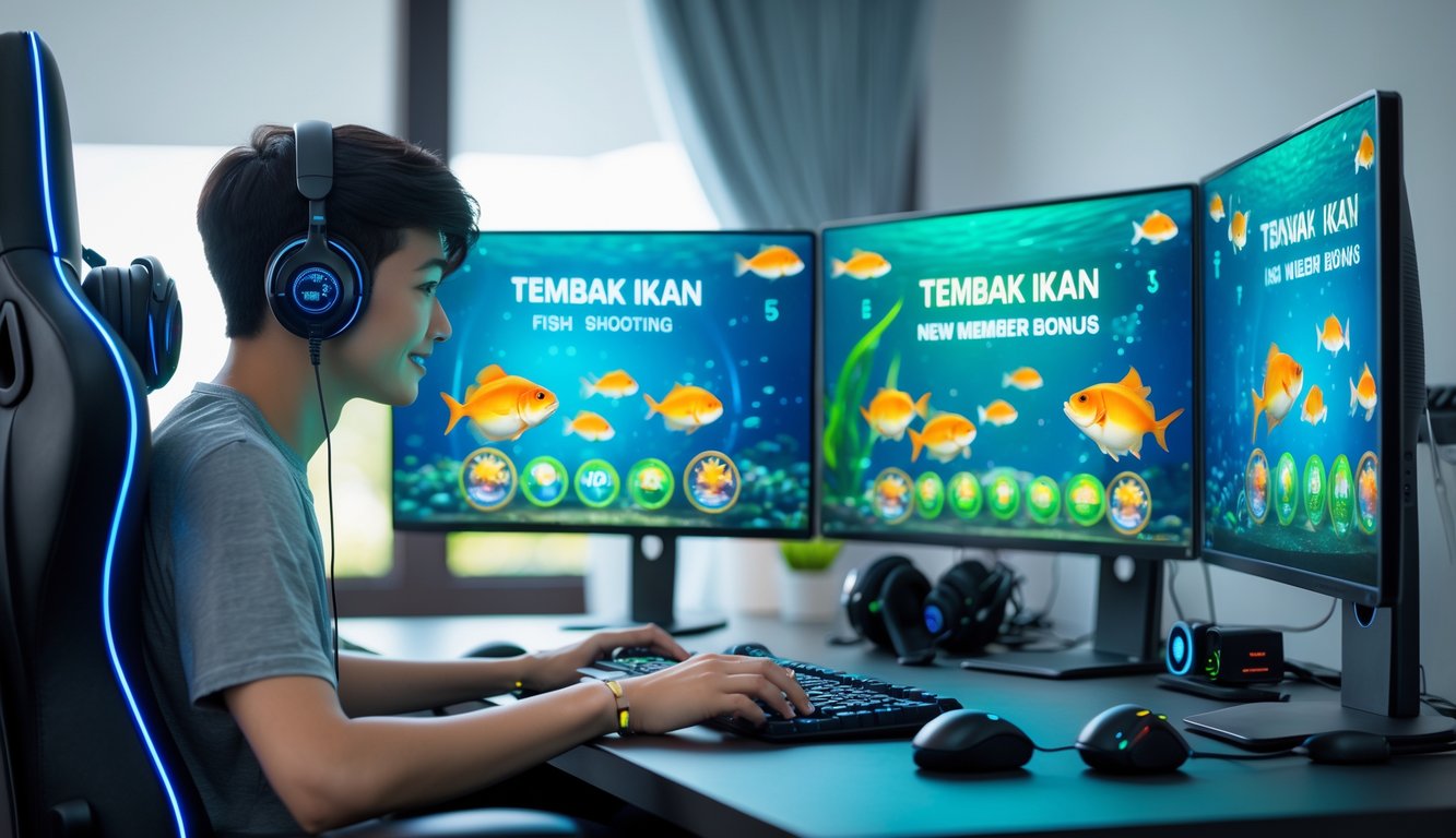 Dua orang muda sedang bermain game tembak ikan online di ruang kerja modern dengan beberapa monitor yang menampilkan grafik permainan ikan berwarna-warni.