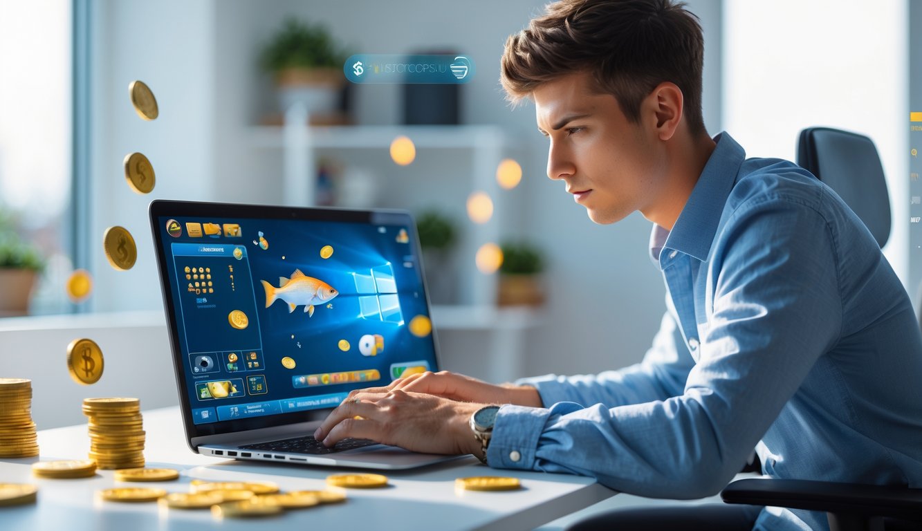 Seorang pria muda fokus menggunakan laptop dengan permainan tembak ikan di layar dalam ruangan kantor rumah yang terang.