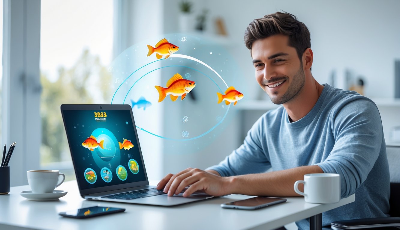 Seorang pria muda duduk di meja dengan laptop, bermain game tembak ikan secara online di ruang kerja yang terang dan rapi.