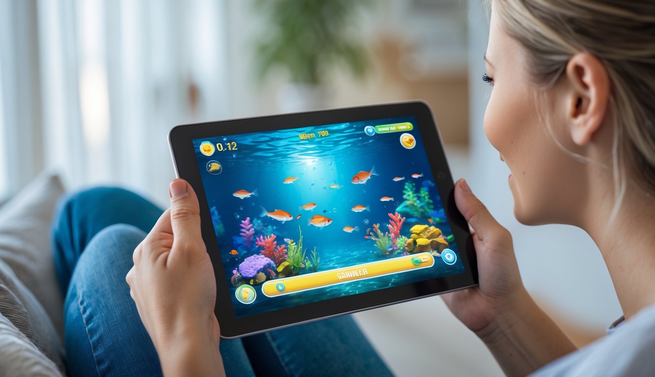 Seseorang sedang memainkan permainan tembak ikan di perangkat digital dengan latar belakang ruangan yang nyaman.