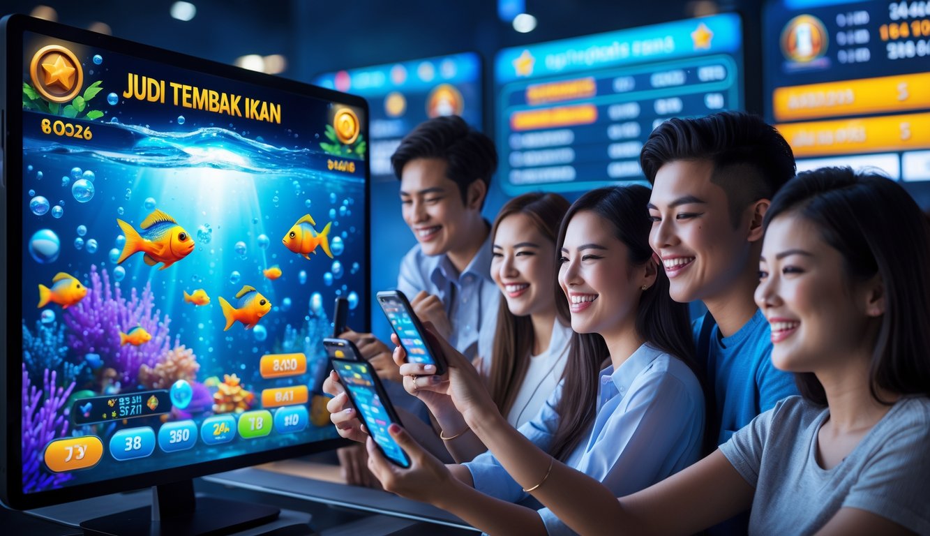 Beberapa orang muda sedang asyik bermain game judi tembak ikan di perangkat digital dengan latar belakang grafis ikan warna-warni dan suasana kasino.