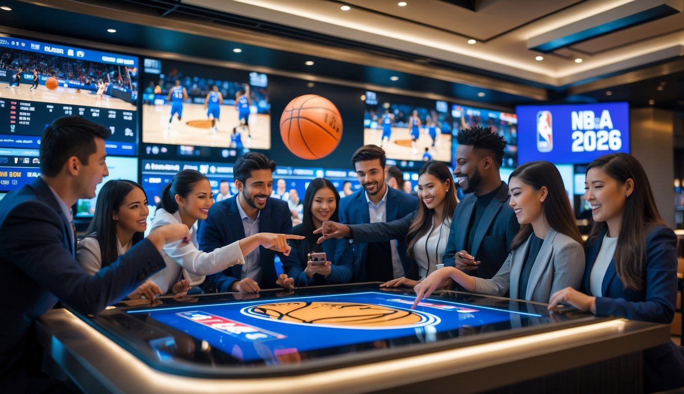 Sekelompok orang muda sedang berkumpul di sekitar layar digital besar dengan grafik bola basket dan peluang taruhan, di sebuah bar olahraga dengan layar besar yang menampilkan pertandingan NBA.
