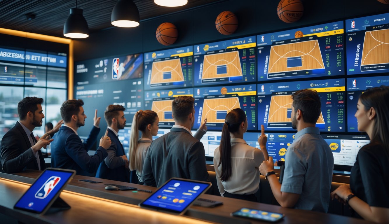 Sekelompok orang muda sedang melihat layar besar yang menampilkan pertandingan bola basket NBA dan peluang taruhan di sebuah ruang taruhan olahraga modern.