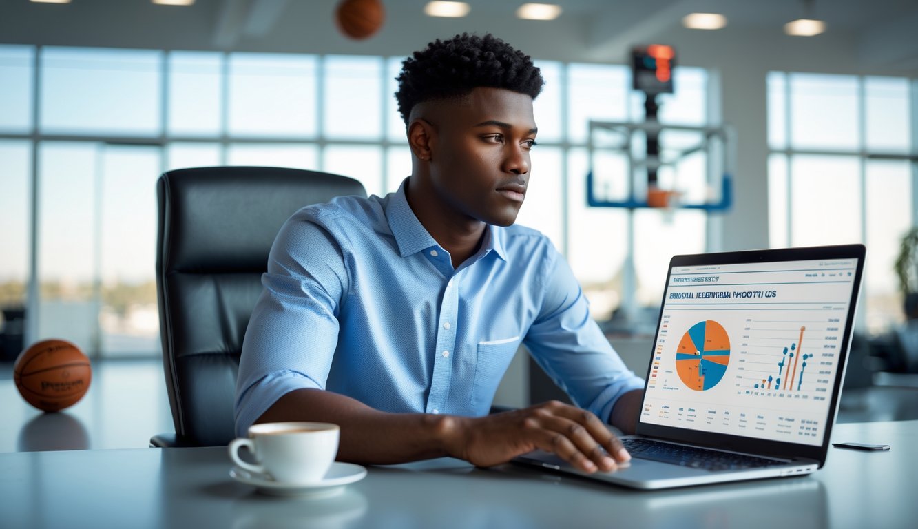 Seorang pria muda duduk di meja dengan laptop yang menampilkan statistik basket, di ruang kantor dengan perlengkapan basket di latar belakang.
