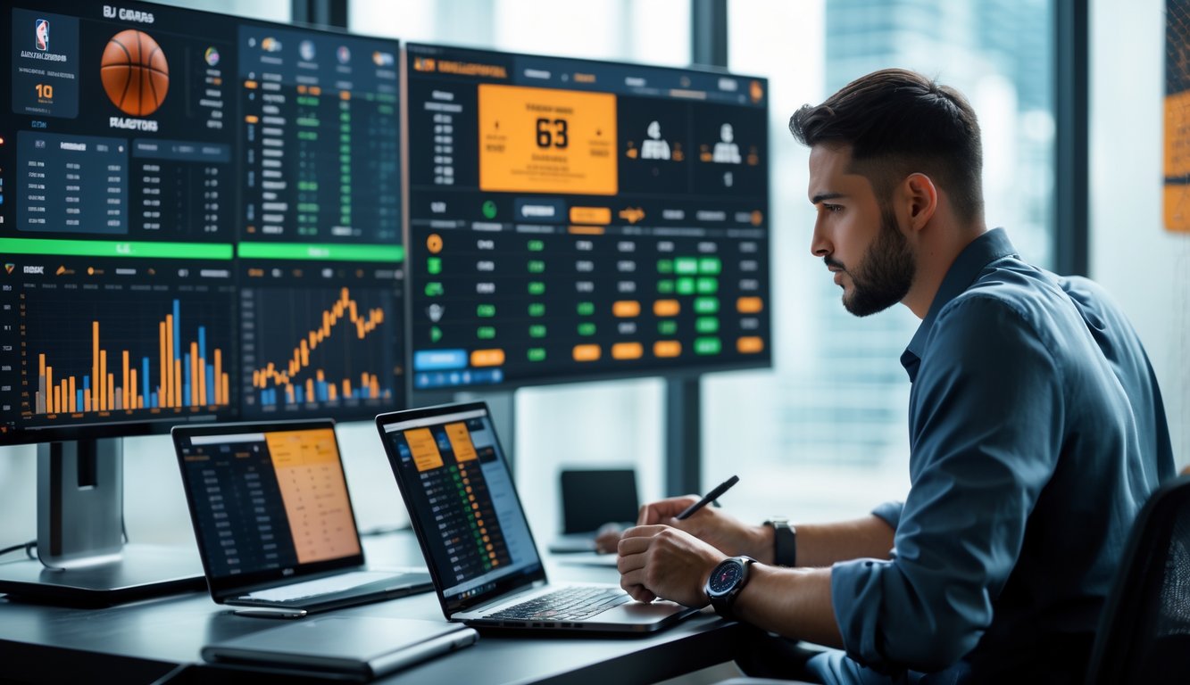 Seorang analis taruhan bola basket NBA yang serius sedang memeriksa data pertandingan dan statistik di kantor modern dengan beberapa monitor dan perangkat elektronik.