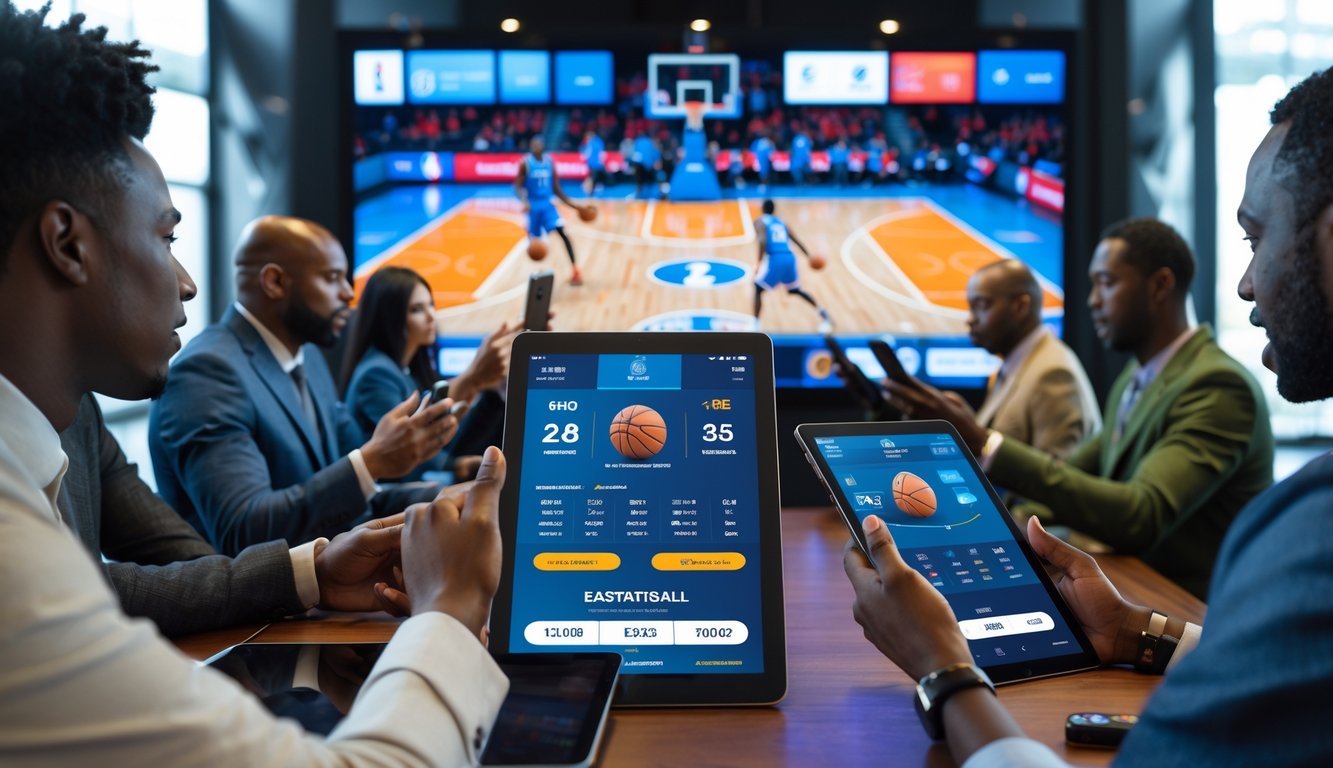 Orang-orang menggunakan perangkat digital untuk bertaruh pada pertandingan basket NBA di sebuah ruang olahraga modern dengan layar besar yang menampilkan pertandingan basket secara langsung.