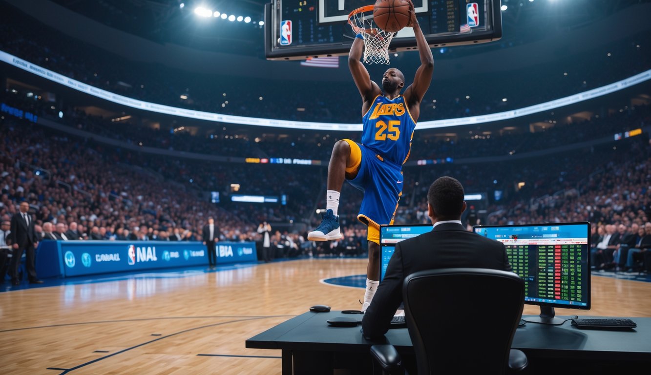 Seorang analis olahraga sedang melihat layar komputer dengan statistik dan pertandingan NBA yang sedang berlangsung di arena basket penuh penonton.