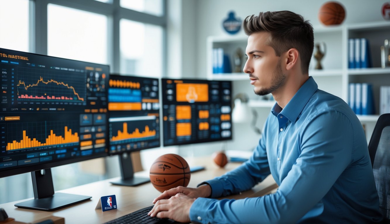 Seorang analis olahraga sedang bekerja di kantor dengan layar komputer menampilkan statistik dan rekaman pertandingan bola basket NBA.