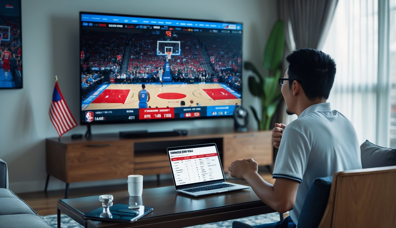 Seorang penggemar basket menonton pertandingan NBA di ruang tamu sambil melihat peluang taruhan di laptop dan ponsel.