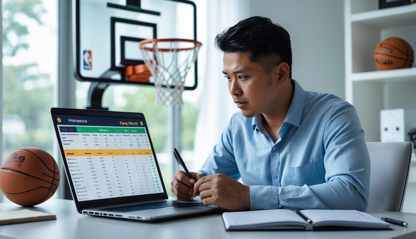 Seorang pria Indonesia sedang duduk di meja dengan laptop yang menampilkan data taruhan basket NBA, terlihat fokus menganalisis informasi.