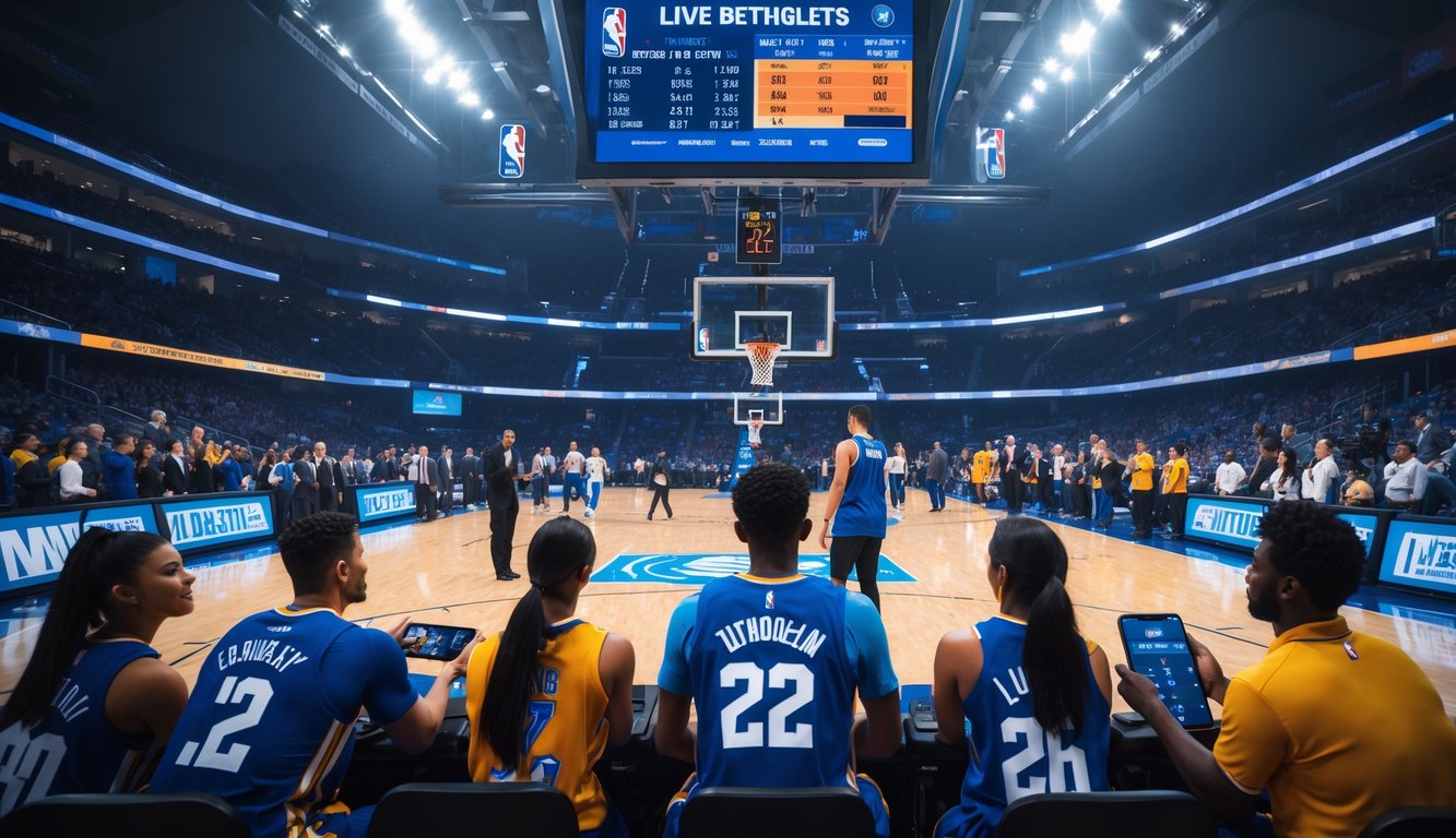 Orang-orang menonton pertandingan bola basket NBA di arena dengan layar besar menampilkan peluang taruhan dan statistik, beberapa menggunakan ponsel untuk memasang taruhan.