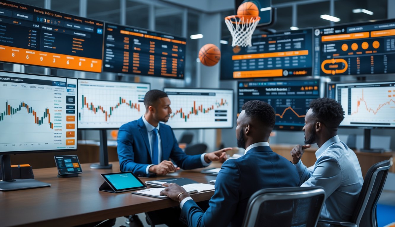 Sekelompok profesional sedang menganalisis data taruhan basket NBA di sebuah kantor modern dengan layar digital yang menampilkan statistik dan grafik pertandingan.