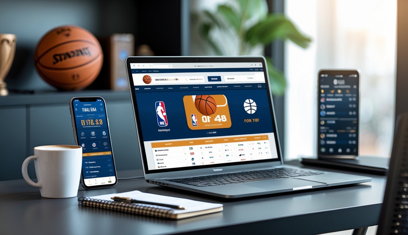 Meja kerja dengan laptop yang menampilkan situs taruhan basket NBA online, smartphone dengan skor pertandingan, dan bola basket di latar belakang.