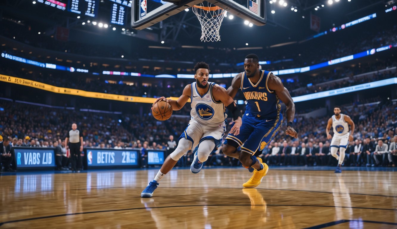 Dua pemain basket NBA sedang beraksi di lapangan dengan penonton ramai di arena dalam ruangan.