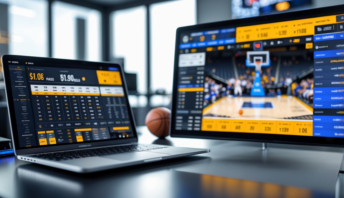 Seorang pria menggunakan laptop dengan layar menampilkan data taruhan bola basket NBA di ruang kerja modern.