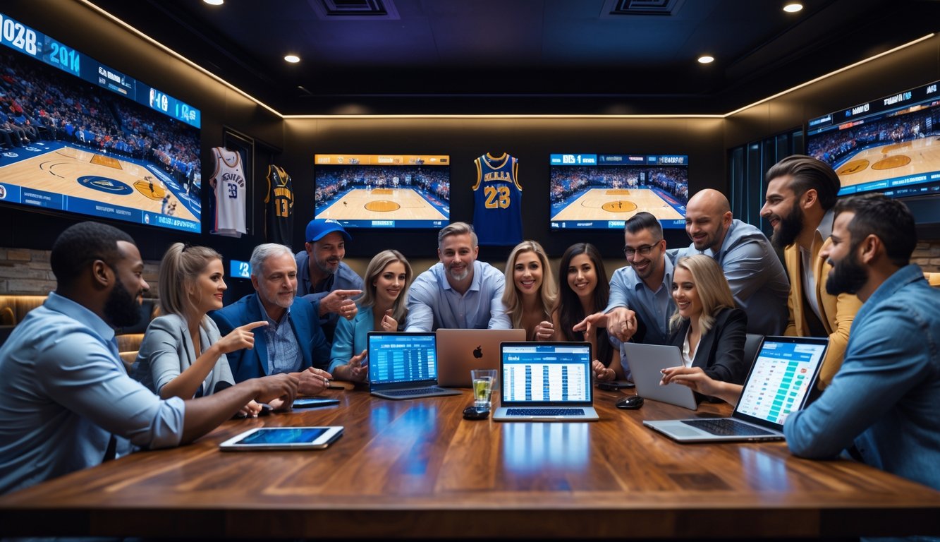 Sekelompok orang sedang berkumpul di sebuah bar olahraga menonton pertandingan basket NBA dan menggunakan perangkat elektronik untuk memasang taruhan.