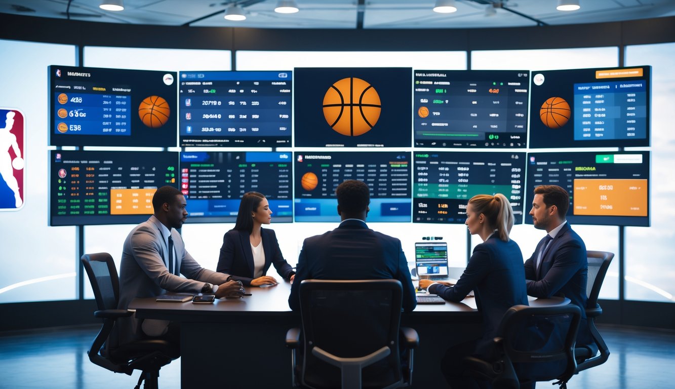 Sekelompok orang sedang menganalisis data dan statistik pertandingan basket NBA di sebuah studio modern dengan layar besar.
