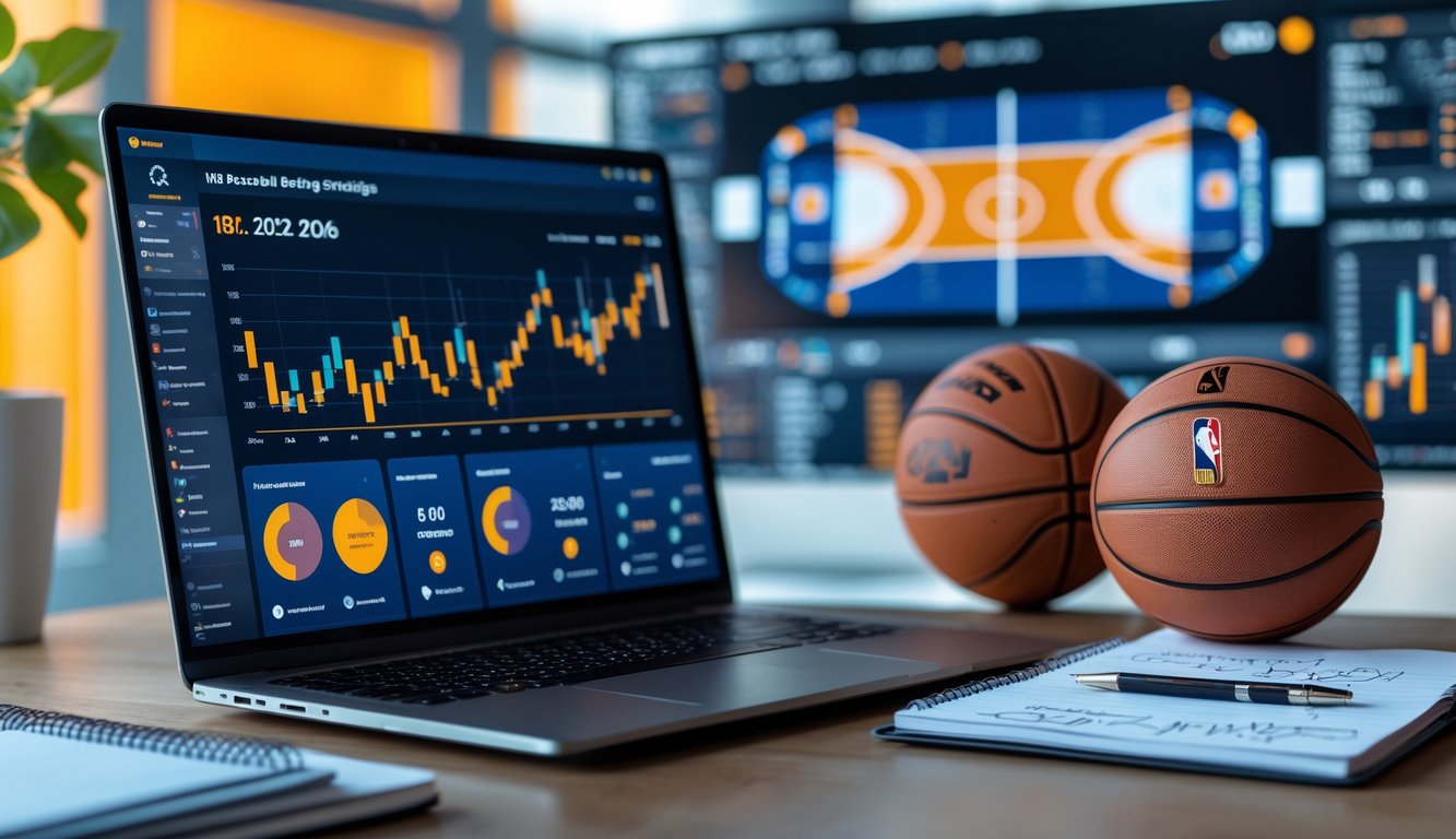 Meja kerja dengan laptop yang menampilkan statistik bola basket, bola basket di samping, dan catatan strategi taruhan NBA.