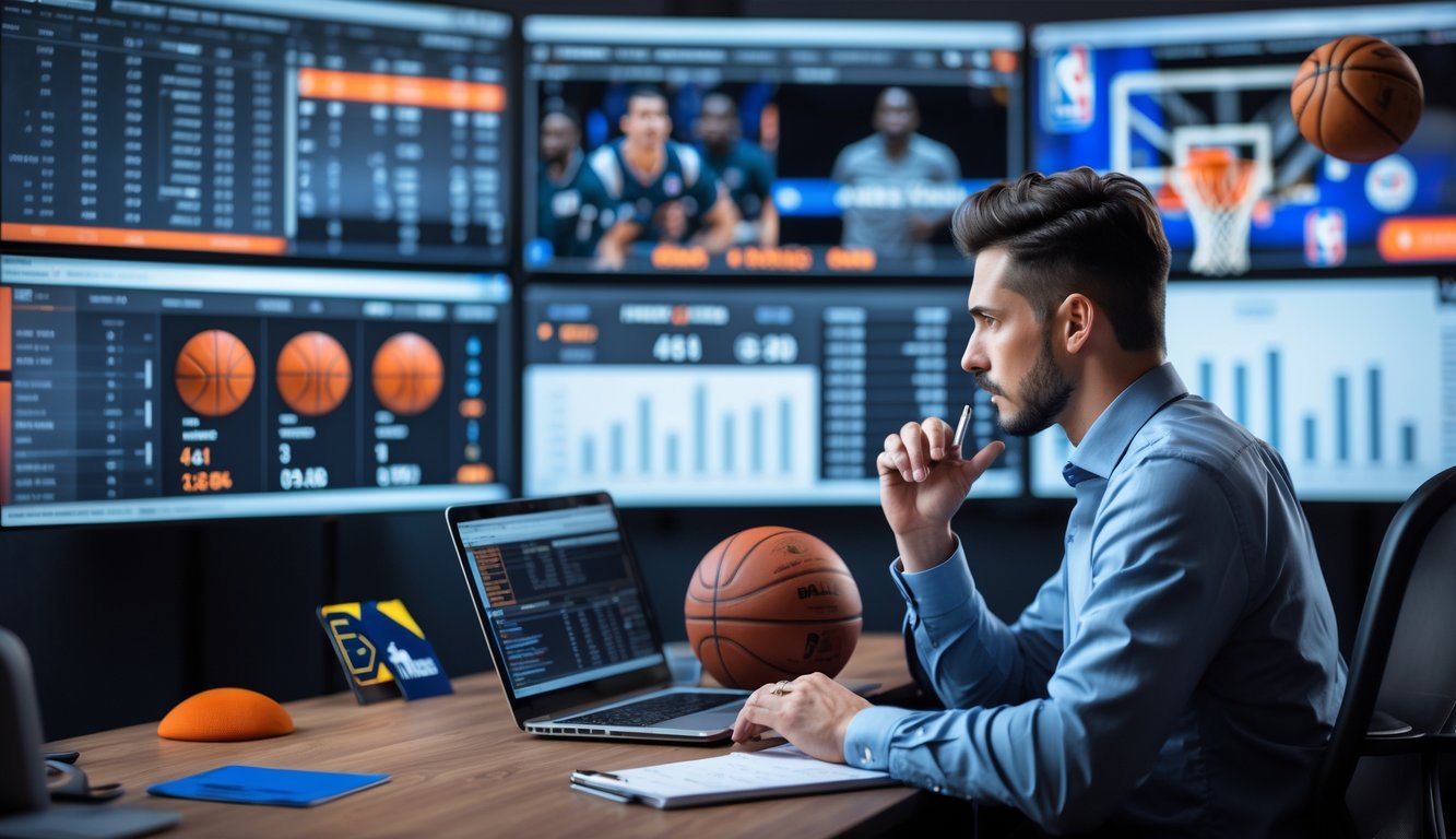 Seorang analis olahraga sedang bekerja dengan layar besar yang menampilkan statistik dan pertandingan basket NBA, sambil mencatat data di laptop.