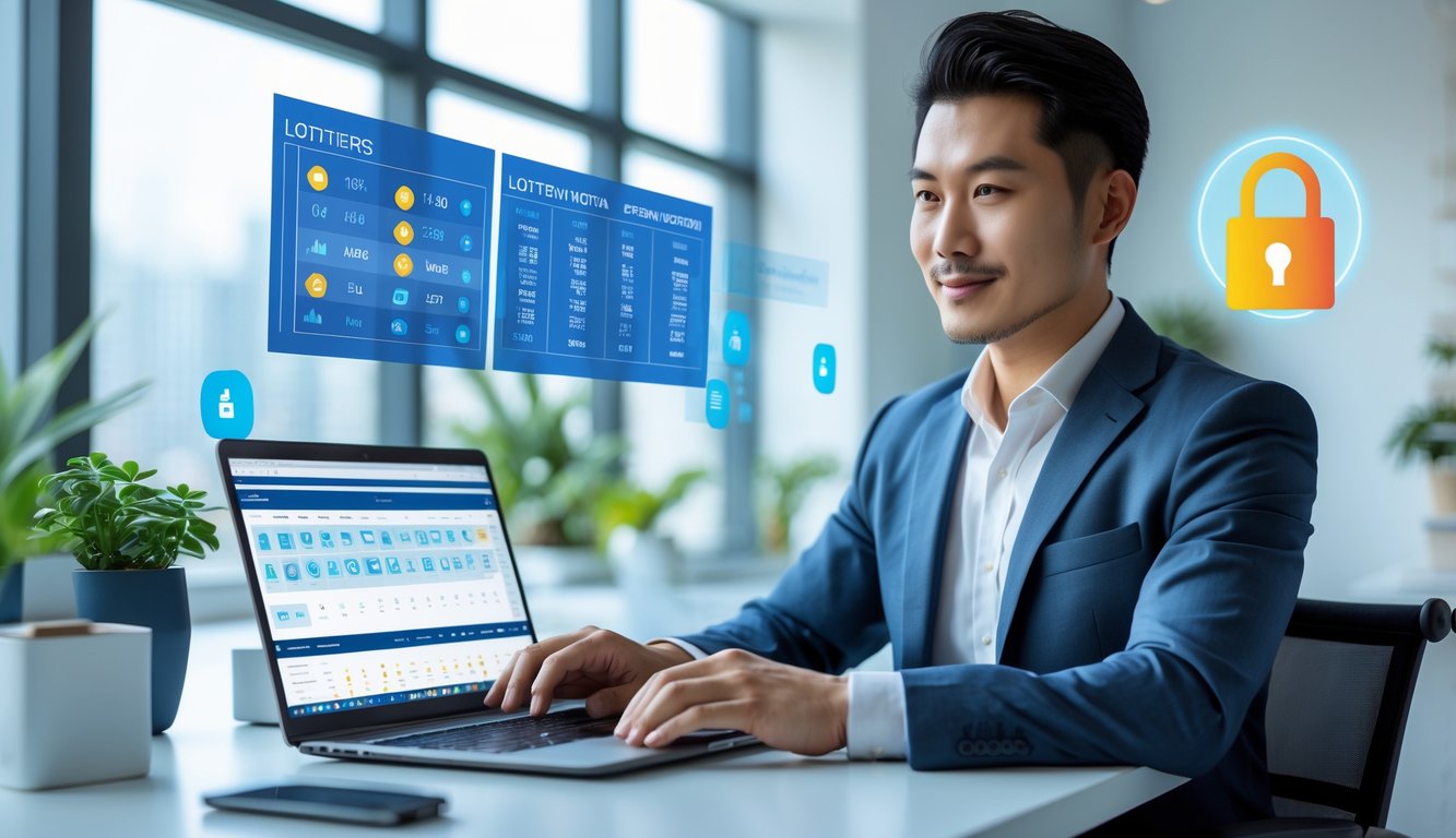 Seorang pria Asia berpakaian rapi duduk di meja modern dengan laptop dan beberapa layar, di ruang kantor yang terang dan rapi.