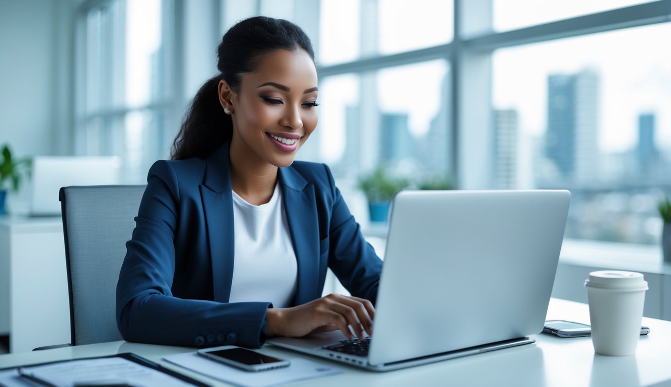 Seorang wanita muda duduk di meja kerja dengan laptop, tersenyum dan terlihat puas di sebuah kantor modern yang terang.