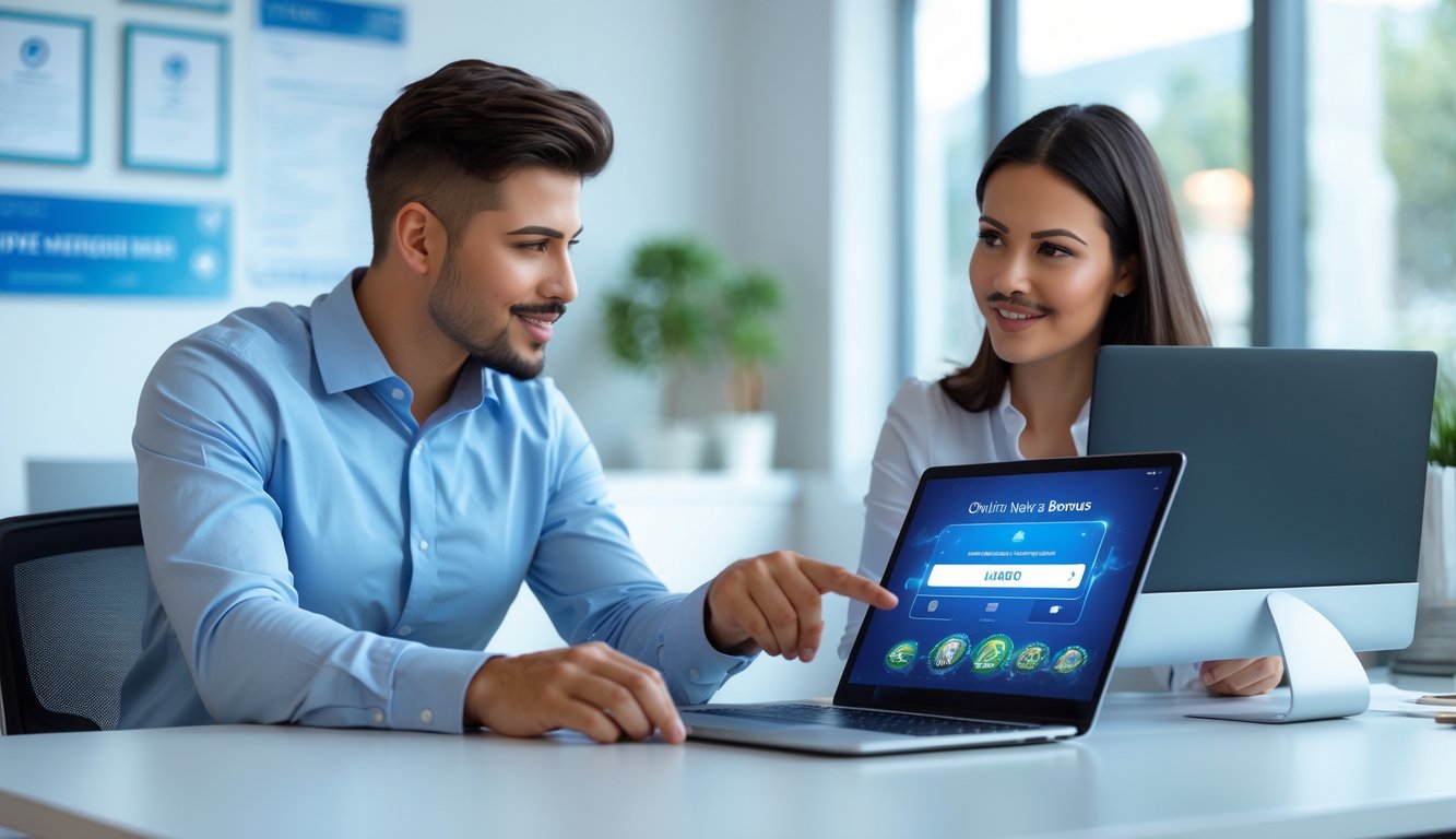 Dua orang muda duduk di meja kantor modern sambil berdiskusi dan melihat layar laptop bersama.