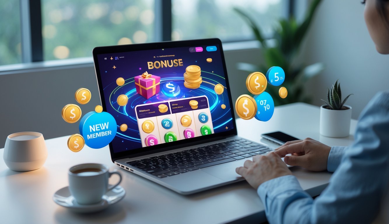 Seseorang menggunakan laptop di meja kerja dengan tampilan layar platform togel online, dikelilingi ikon hadiah dan koin yang melambangkan bonus anggota baru.