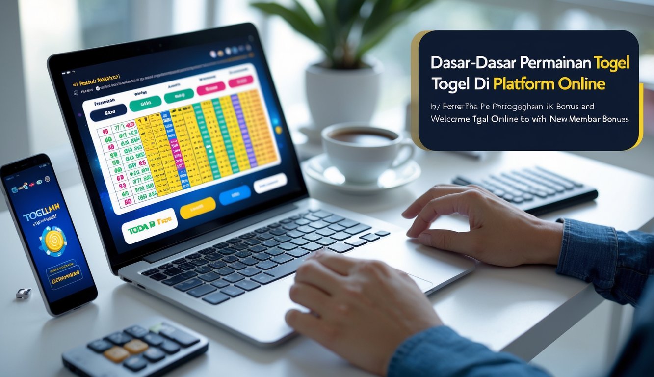 Seseorang menggunakan laptop dengan tampilan permainan togel online, di meja terdapat smartphone, kopi, dan alat tulis.