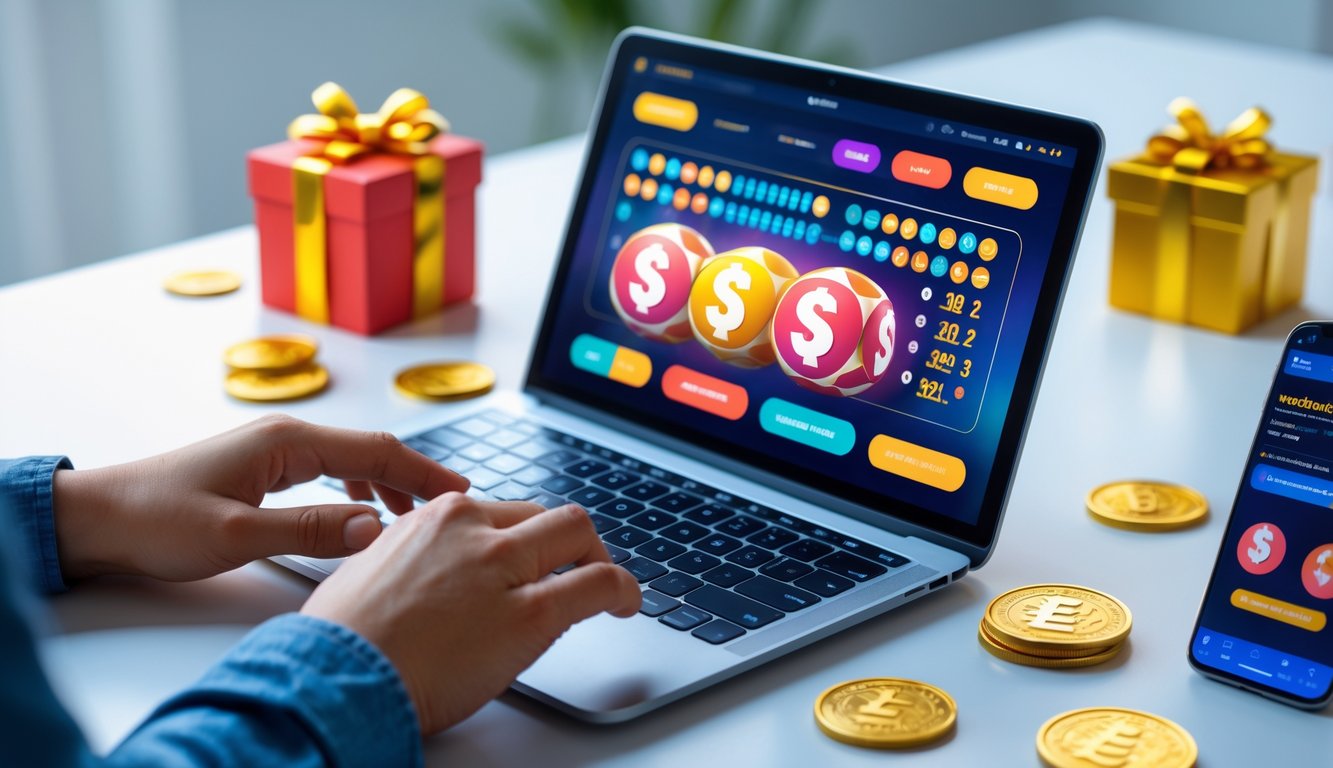 Meja kerja dengan laptop yang menampilkan situs togel online, koin emas, kotak hadiah, dan ponsel yang menunjukkan notifikasi bonus anggota baru.