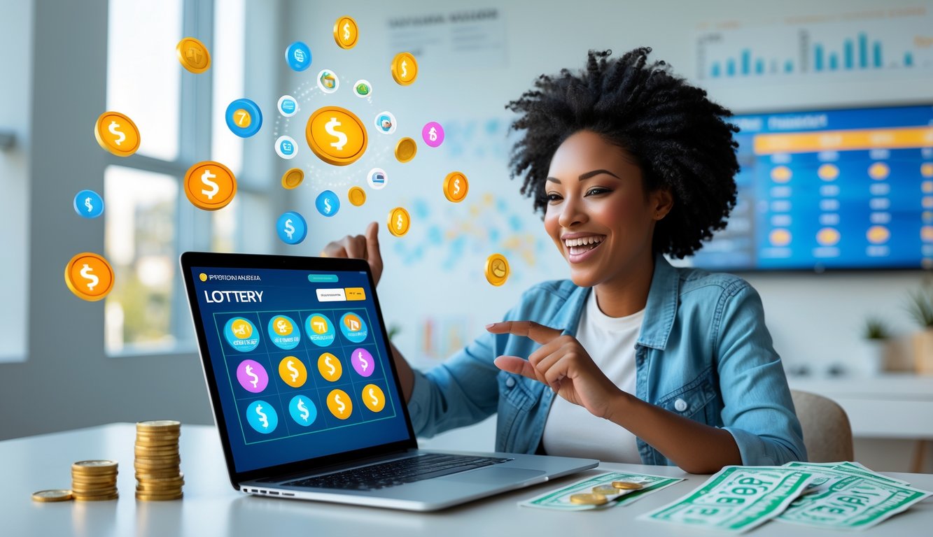 Orang dewasa tersenyum menggunakan laptop dengan tampilan antarmuka lotere online dan ikon bonus di sekitarnya.