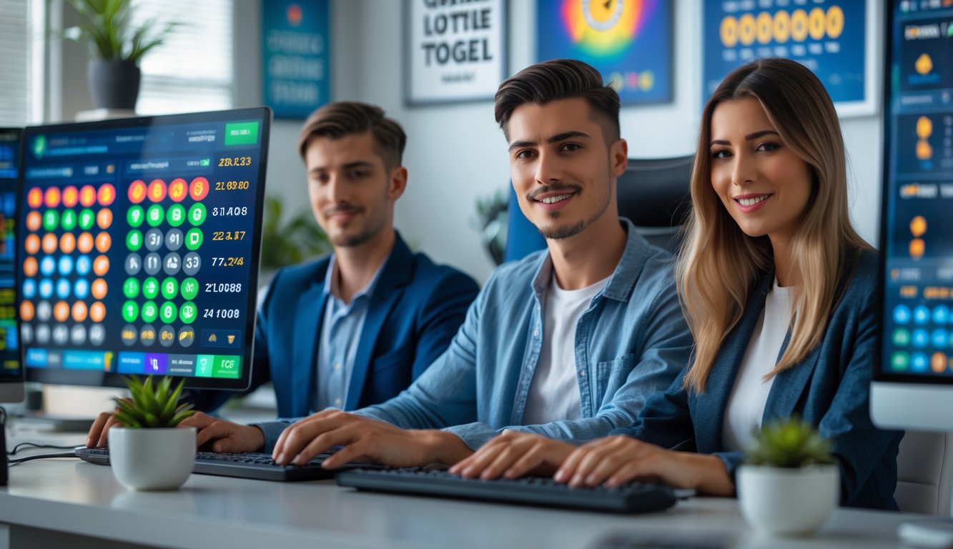 Dua orang dewasa muda duduk di depan komputer dengan layar menampilkan angka togel dan grafik, di sebuah ruang kerja modern yang terang.
