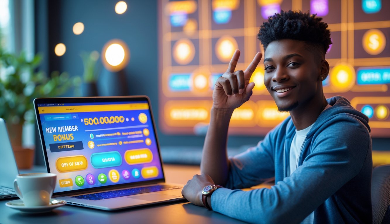 Seorang dewasa muda duduk di meja dengan laptop yang menampilkan situs togel online, tampak fokus dan antusias dengan suasana kerja yang cerah dan nyaman.