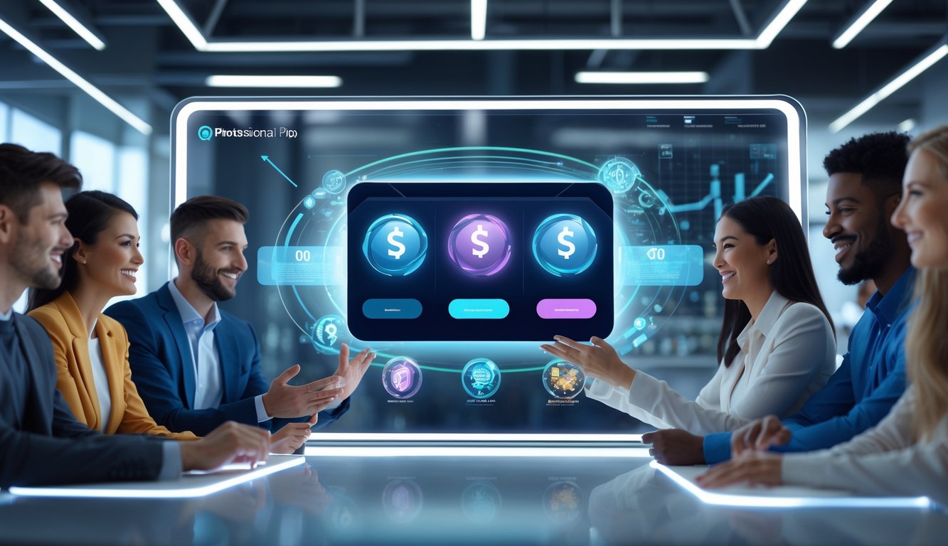 Sekelompok profesional muda sedang menggunakan layar digital transparan di kantor modern yang menampilkan platform togel online dengan suasana ceria dan teknologi futuristik.
