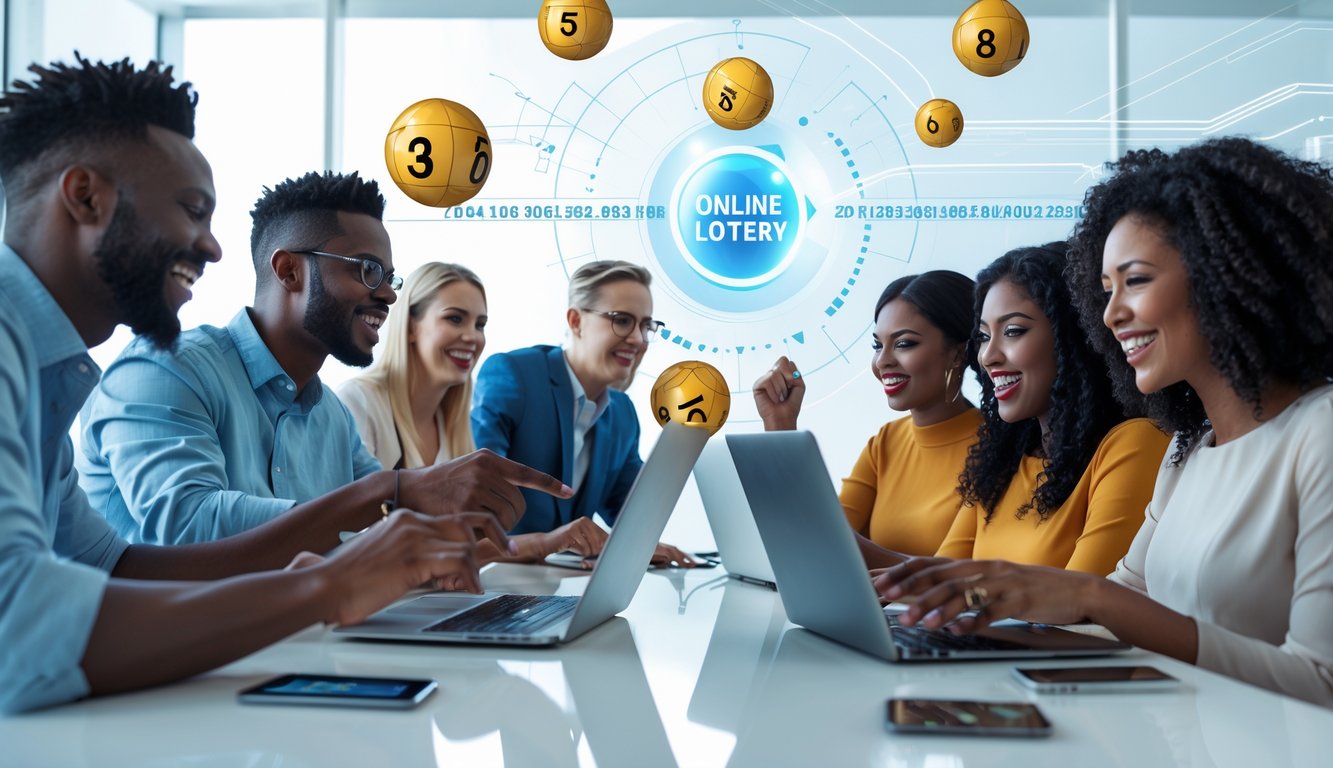 Sekelompok orang menggunakan laptop dan ponsel di ruang kerja modern dengan elemen grafis bola togel dan angka digital di latar belakang.