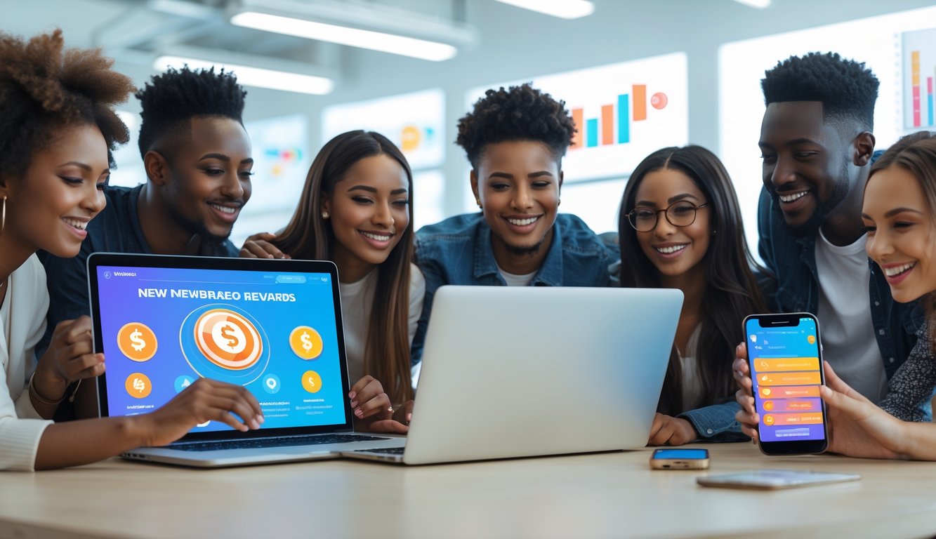 Sekelompok orang muda yang tersenyum menggunakan laptop dan ponsel di ruang kerja modern, menampilkan konsep platform togel online yang dapat dipercaya dengan fitur bonus untuk pemain baru.