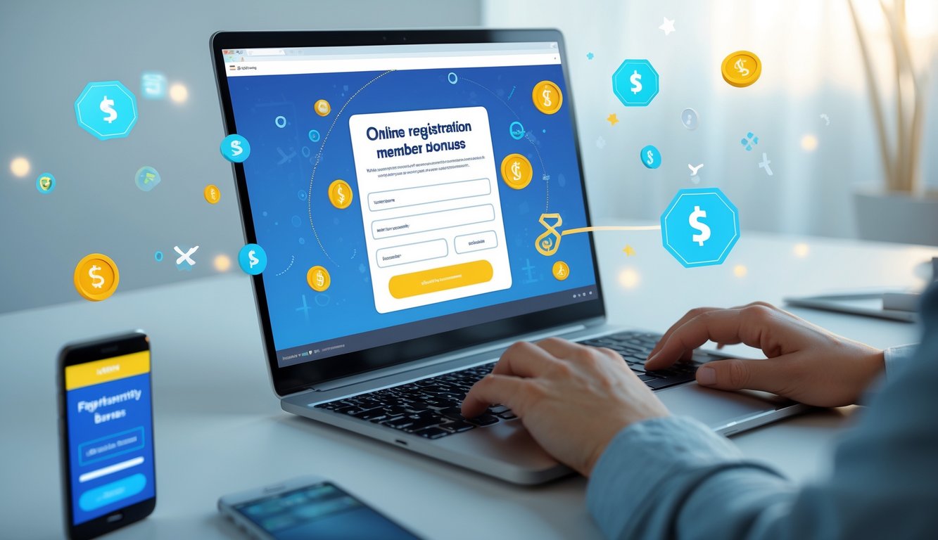 Orang sedang mendaftar di laptop dengan ikon bonus mengambang di sekitar dan ponsel menampilkan pesan konfirmasi.